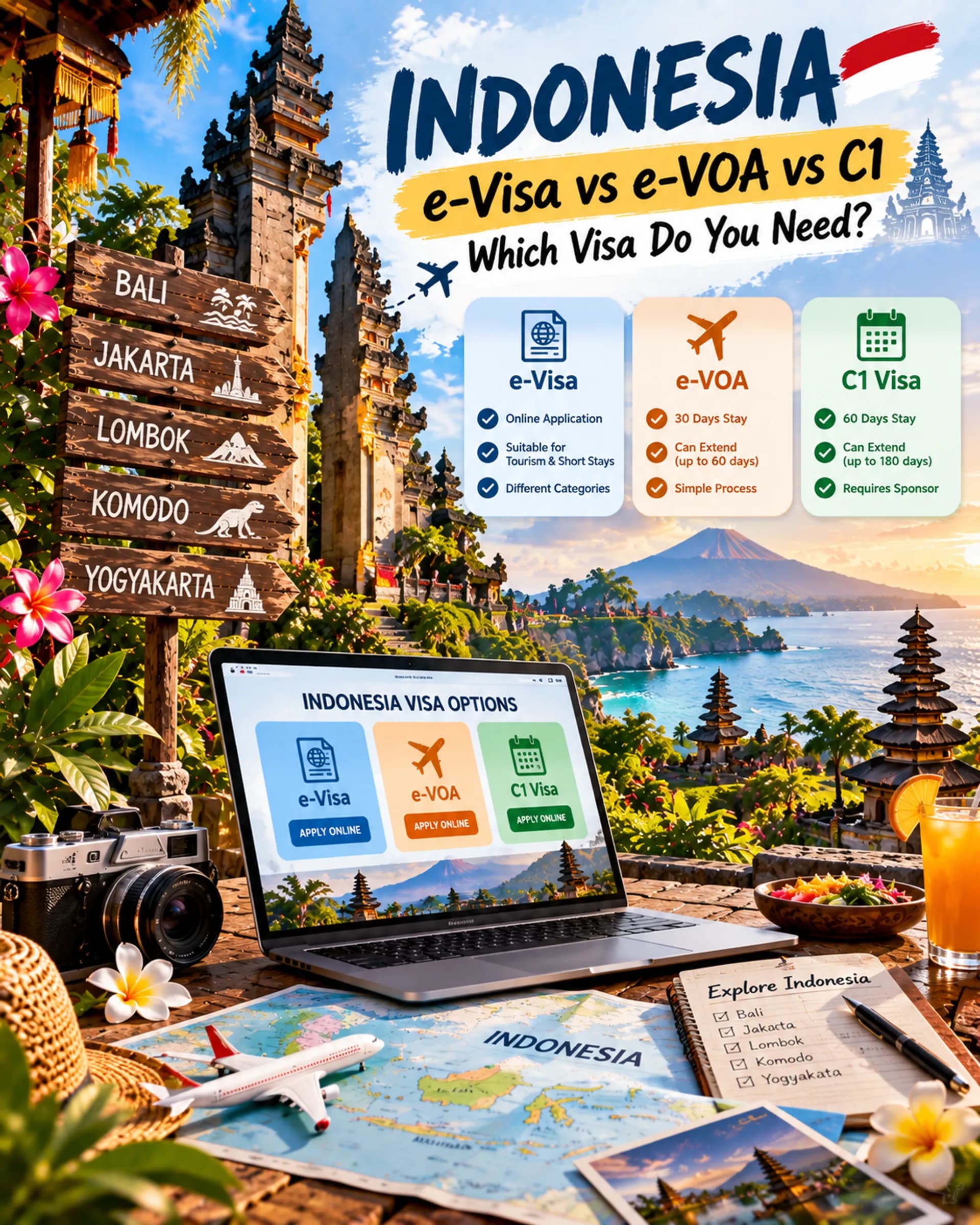 Indonesia e-Visa vs e-VOA vs C1: Which Visa Do You Need in 2026?